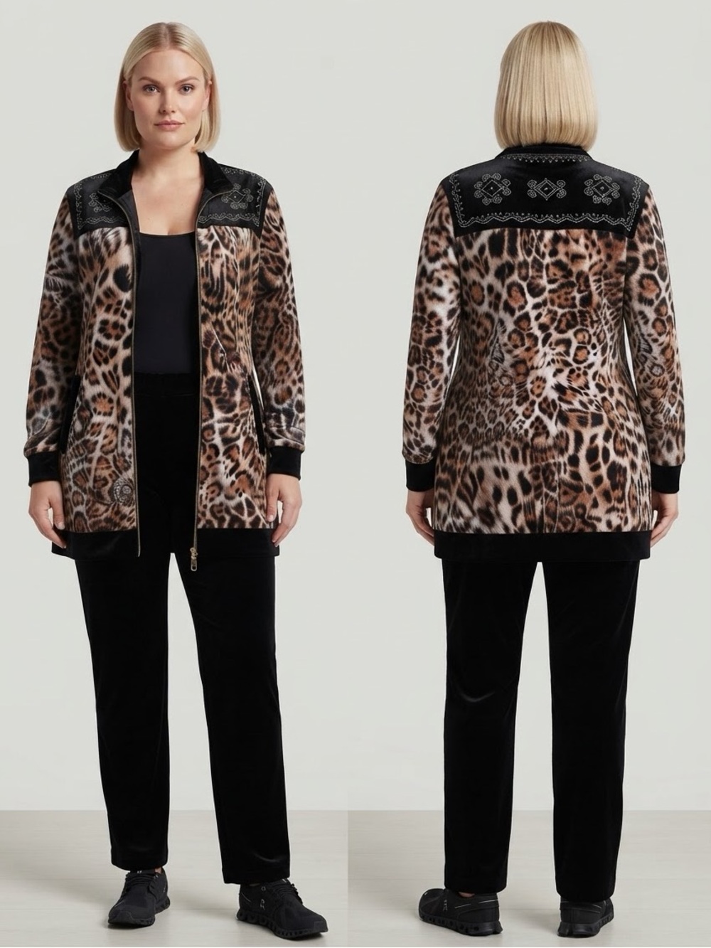 NWT WOMEN'S VELOUR TRACKSUIT 2PC SET LONG JACKET/BLACK PANTS ZIPPED LOUNGEWEAR